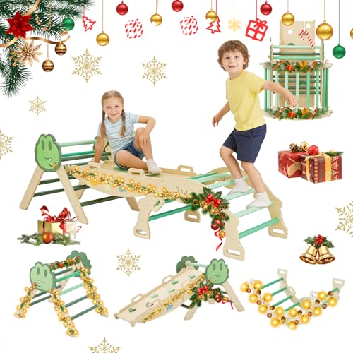 Takywep Pikler Triangle Set, 7-in-1 Foldable Pikler Triangle Climbing Toys Set with Arch & Ramp & Ladder, Indoor Playground Gym, Wooden Montessor Climbing Set for Kids Toddler - color: Green-frog