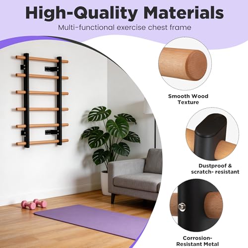Half Height Swedish Wall Ladder Bar Full Body Workout for Small Home Gym | Compact wall design,Wood rungs & steel brackets suit family full body stretch, gymnastics & home fitness