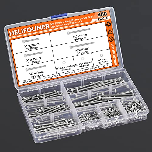 HELIFOUNER 400 Pieces M3 x 30mm /35mm /40mm /45mm /50mm, Hex Socket Head Cap Metric Screws Bolts Washers Nuts Kit, 304 Stainless Steel - size: M3 x 30/35/40/45/50mm
