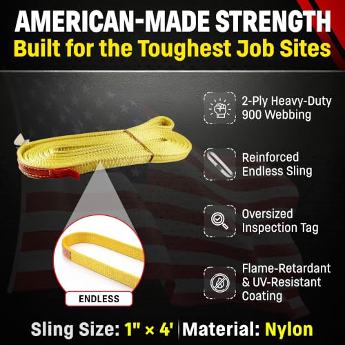 DD Sling 1" x 4' Nylon Endless Lifting Sling – USA Made | 6,400 lb Vertical, 5,100 lb Choker, 12,800 lb Basket – 2 Ply Heavy Duty 900 Webbing, Type 5 Endless Rigging Sling - size: 1"x4'