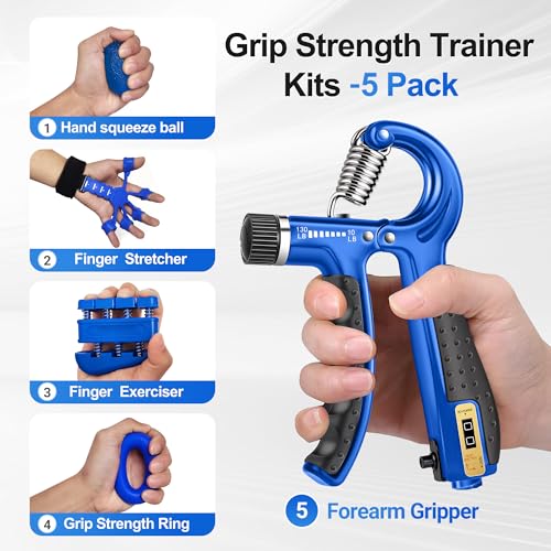 Grip Strength Trainer Kit (5 Pack) Adjustable Resistance Hand Gripper,Finger Exerciser,Hand Extension Exerciser,Stress Relief Ball and Forearm Workout Ring for Muscle Building Injury Recover - color: Blue