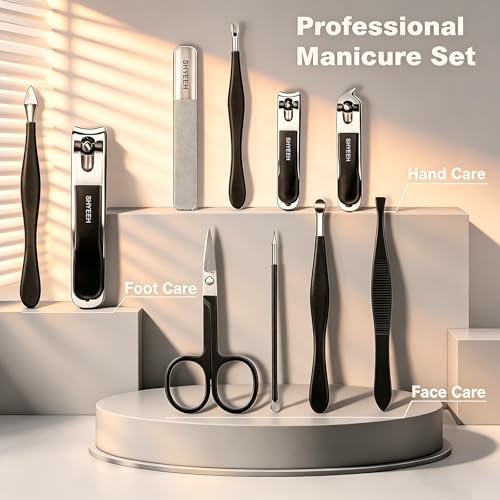 Manicure Set, 10 pcs High-Carbon Steel Nail Clippers Set, Portable Mini Manicure and Pedicure Kit, Travel Grooming Nail Kit with Leather Bag for Men and Women - color: Black