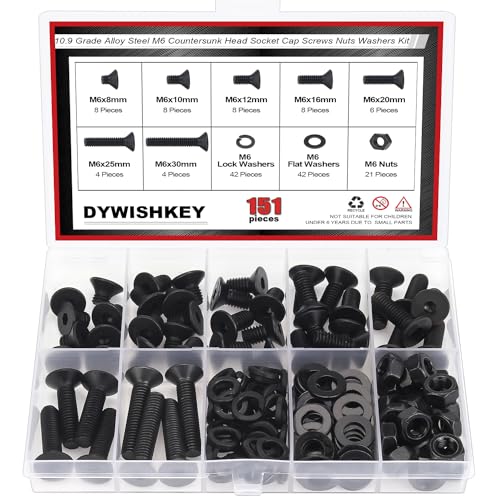 DYWISHKEY 151 Pieces M6 Black Screws, 10.9 Grade Alloy Steel M6x 8/10 /12/16 /20/25 /30mm Countersunk Head Socket Cap Screws Bolts Nuts Washers Assortment Kit - size: M6, style: Countersunk Head Socket Cap