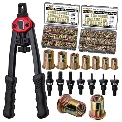 ASKWAY Pressure Rivet Nut Tool Kit, 750PCS Metric Rivet Nut Combination | Metric Carbon Steel Rivet Nut (M12/M10/M8/M6/M5/M4/M3)Rivet Nut Installation Tool Included - color: 750PCS Carbon Steel