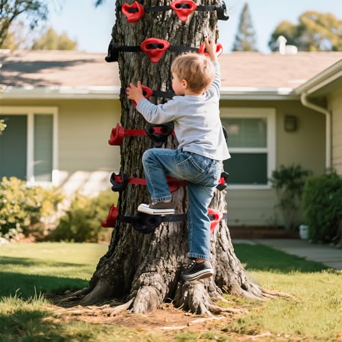 TOPNEW 18 Ninja Tree Climbing Holds for Kids Climber, Red & Black Tree Climbing Kit with 6 Ratchet Straps for Outdoor Ninja Warrior Obstacle Course Training - style: 18 Black and Red Climbing Holds