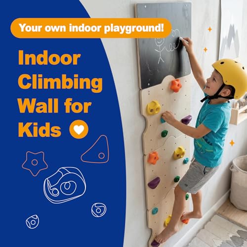 Wooden Rock Climbing Wall for Kids with 15 Rock Climbing Holds | Montessori Climbing Wall for Kids Indoor with Drawing Blackboard, Pre-Drilled Nuts, Home Gym Kids Playroom, Easy Assembly