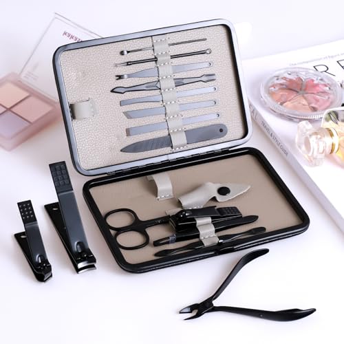 High Precision Stainless Steel Nail Clippers Set - 15 Pcs Manicure Pedicure Kit With File, Sharp Scissors, and Cutter for Fingernails & Toenails - Stylish Light Gray Case - color: Light Gray 15 Pieces