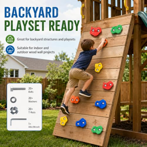 Rock Climbing Holds, Colorful Textured Wall Rocks with Hardware | Textured climbing rocks with bolts and washers for compatible wood playsets, indoor walls, backyard walls, and route setups