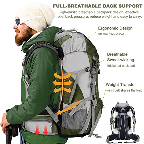 Loowoko 50L Hiking Backpack, Waterproof Camping Essentials Bag with Rain Cover, 45+5 Liter Lightweight Backpacking Back Pack - color: Green