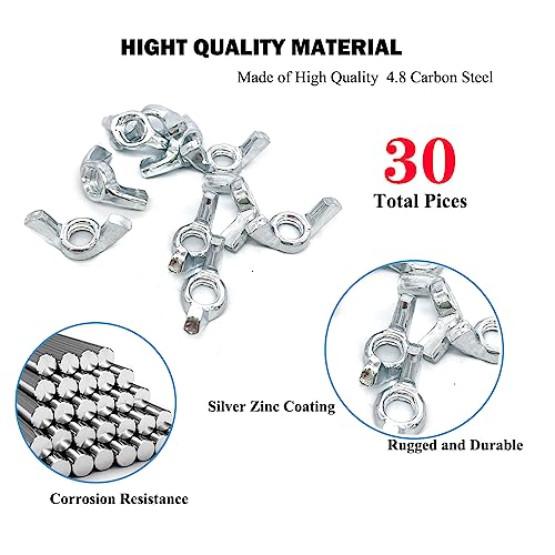 30 PCS 5/16-18 Inch Wingnuts, Quality Carbon Steel Wing Nuts Zinc Plated Fasteners Parts Butterfly Nut, Hand Twist Tighten Hardware Nuts Butterfly Wing-Nut 5/16-18” Assorted Kit - size: 5/16"-18 - Carbon Steel - 30 Pcs