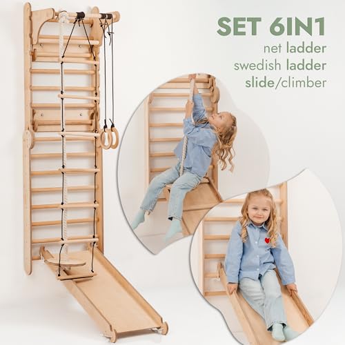 6-in-1 Indoor Playground for Kids – Wooden Swedish Wall, Climbing Ladder, Slide, Swing, Gymnastics Rings, Rock Climbing Wall – Jungle Gym Play Set for Ages 2-12 - size: Swedish Wall