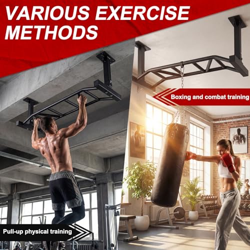 47 Inch Ceiling Mount Pull Up Bar Heavy Duty Multi-Grip Chin Up Bar Fitness Trainer for Garage/Home Gym and Strength Training Adjustable Height&Supports to 600 Lbs