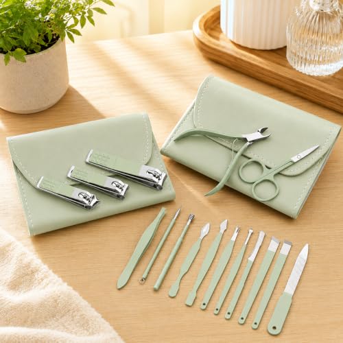 16 Piece Stainless Steel Manicure & Pedicure Set, Professional Nail Clippers Kit with Ear Spoon, Cuticle Tools, Scissors, Files, Folding Bag - Complete Home Nail Care Grooming Kit