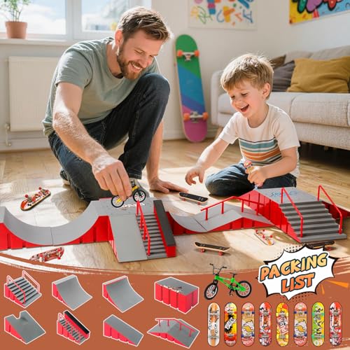 Finger Skateboard Park Kit for Kids, 14-in-1 Mini Skatepark Ramp Set with Half Pipe, 8 Finger Skateboards & Finger Bike, Ramp Accessories Toy Gifts for Boys Girls Ages 3+ - color: 14in1-red