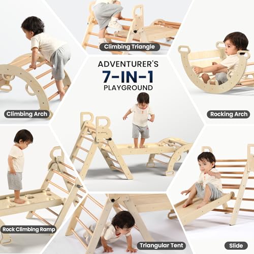 BlueWood Pikler Triangle Set with Safe Handle, Climbing Toys for 1-3 Year | Foldable 7-in-1 Montessori Toddler Climbing Toys Indoor, Wooden Pickler Climbing Set, Baby Jungle Gym & Playground, Natural - color: Natural Wood
