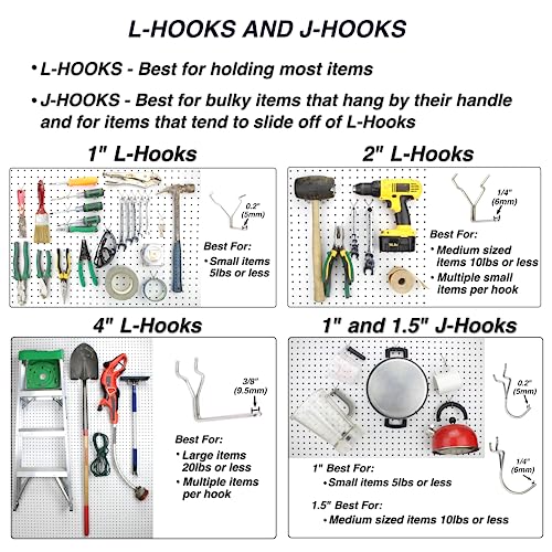 Peg Board Hooks for Hanging Tools with Bins and Baskets – Tool Organization Accessories Kit – Organizer Set of 1 inch, 2 inch, 4 inch L Hooks, J Hook, Pliers Rack, Screwdriver Holder - size: Set w/ Baskets+Bins