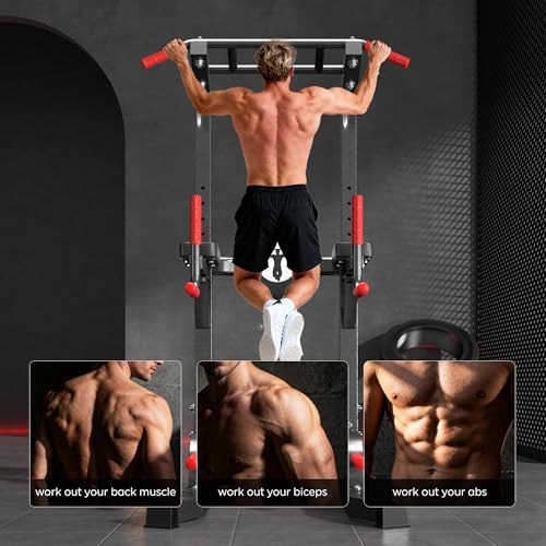 DlandHome Power Tower Pull Up Bar Station, 10 Level Adjustable Height | Heavy Duty Pull Up Dip Station for Home Gym Strength Training Equipment, Comfortable Backrest, 330LBS Weight Capacity - color: Black