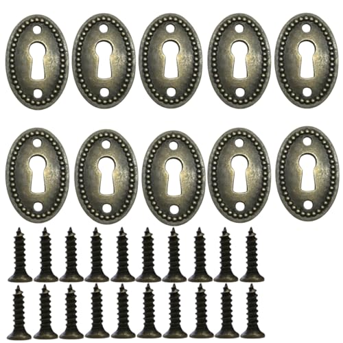 Oval Stamped Antique Brass Decorative Keyhole Cover Plate, Keyhole Escutcheon Plate for Cabinet, Door, Dresser, Drawers, Desk Furniture Hardware 10 Pack