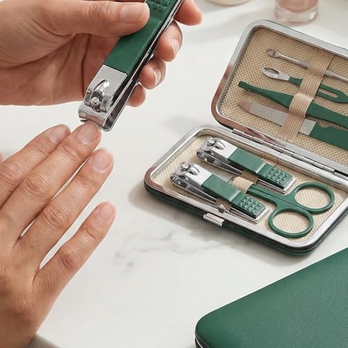 Manicure Kit for Women Men-Manicure Set with Case, Nail Clippers, Portable Nail Care Kit for Travel Home Personal Grooming（Green 7 in 1） - color: Green