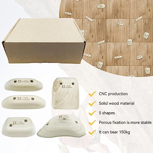 TWO STONES Wooden Rock Climbing Holds for Adults | Wood Rock Wall Climbing Holds | Variety Screw On Climbing Hold Grips Set with Mounting Hardware (HD5in1-B)