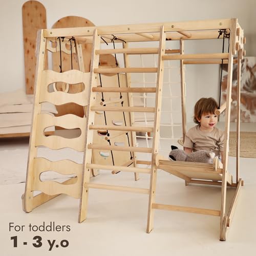 Goodevas Improves 9-in-1 Indoor Climbing Frame for Kids, Montessori Climbing Frame with Slide, Swing, Climbing Wall, Climbing Triangle - Playground for Nursery - size: Toddler Playground