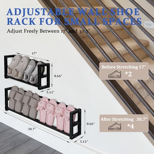 2 Pack Narrow Wall Mounted Shoe Rack for Small Spaces, Hanging Shoe Rack Holds 8 Pairs, 17"-30"Adjustable Heavy Duty Wall Shoe Storage with 4 Storage Hooks,Space Saving for Closet Entryway Door,Black