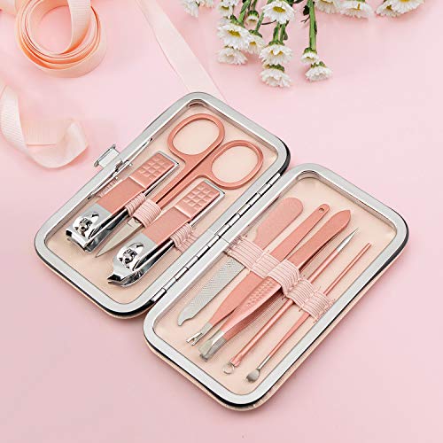 Manicure Set, 8 In 1 Stainless Steel Professional Pedicure Kit Nail Scissors Grooming Kit with Pink Leather Travel Case Pink - color: 8 in 1