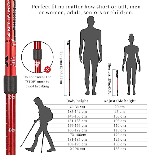 Aihoye Trekking Poles,Adjustable Shock Absorbing Hiking Walking Stick-2Pcs | Aviation aluminum,Collapsible, Lightweight, All-terrain walking poles, Carry bag included - color: red