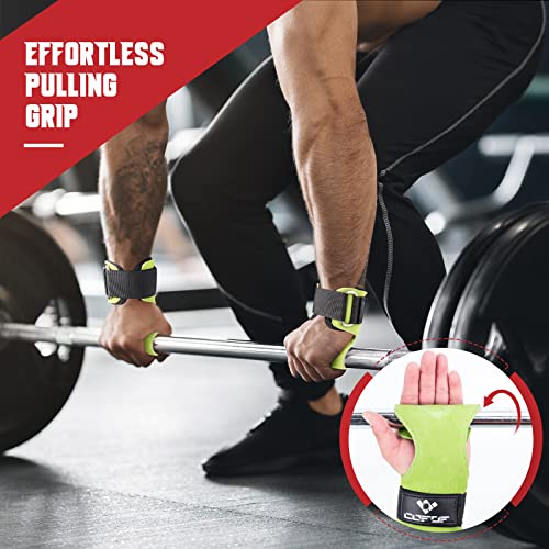 COFOF Weight Lifting Wrist Strap, Double Layer Leather Wrist Strap for Deadlift and Powerlifting, Adjustable Neoprene Padded Gym Workout Lifting Hooks (Pair) - color: Green