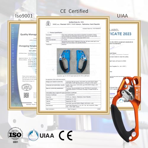UIAA & CE Certified Hand Ascender Rock Climbing Tree Arborist Rappelling Gear Equipment Rope Clamp for 8~13MM Rope - color: Orange-Left
