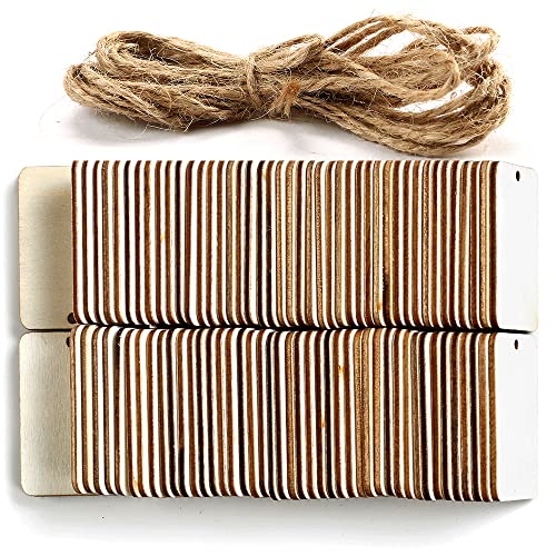 115 Pcs Unfinished Wood Pieces Rectangle-Shaped, HOOMBOOM 2 x 1.3 inch Light Wooden Cutout Natural Rustic with Hemp Rope, for Holiday Craft Projects, Hanging Decorations, Painting, Staining