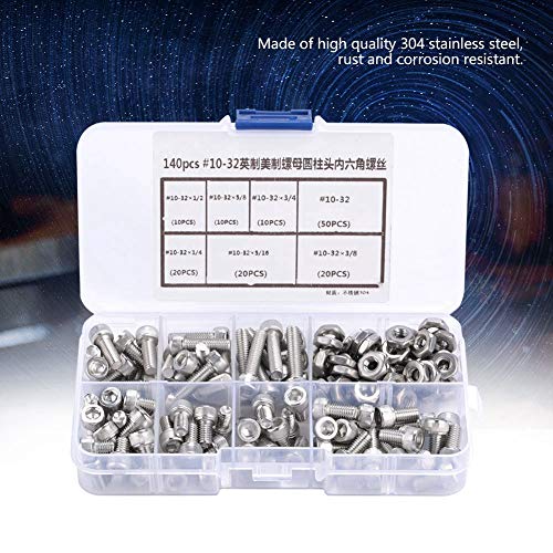 Garosa 140pcs Stainless Steel Hex Socket Head Bolts #10-32 Hex Screw Assortment Kit 6 Different Sizes with Storage Case