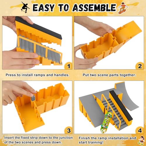 CS COSDDI Finger Skateboard Park Kit, 14 in 1 Skate Park Set with 8 Fingerboards, 14 Ramps, Half Pipe & Finger Bike, Mini Skate Toy for Kids & Adults,Yellow - color: Style -1810-12c