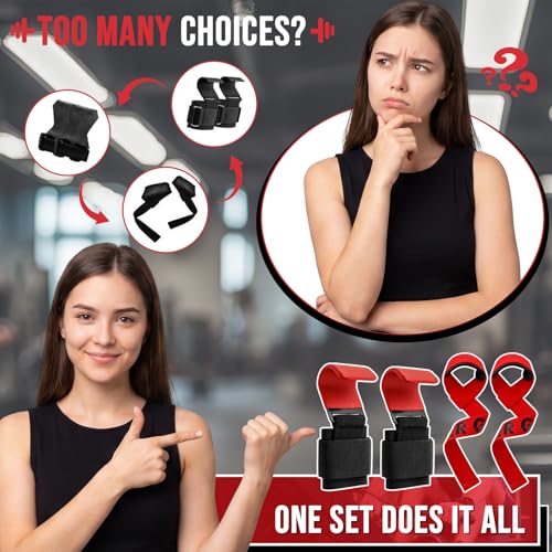 Weight Lifting Hooks & Wrist Straps Set Adjustable Wrist Wraps 2 in 1 Lifting Hooks with Anti-Slip Grip for Weightlifting, Deadlifts, Powerlifting, Gym Straps for Men and Women - color: Red