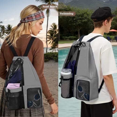 Beach Backpack with Wet Pocket Drawstring Mesh Beach Bag Waterproof Swimming Pool Backpack for Men and Women - color: Grey