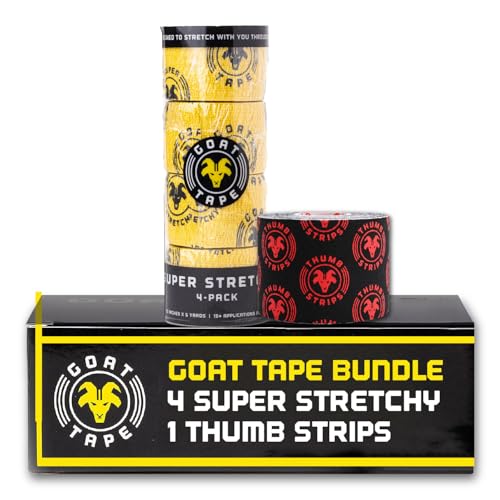 Goat Tape Yellow Super Stretchy Premium Thumb Tape(4-Pack) and Pre Cut Red Athletic Tape for Fingers - Extra Sticky Elastic Athletic Thumb Tape for Weightlifting
