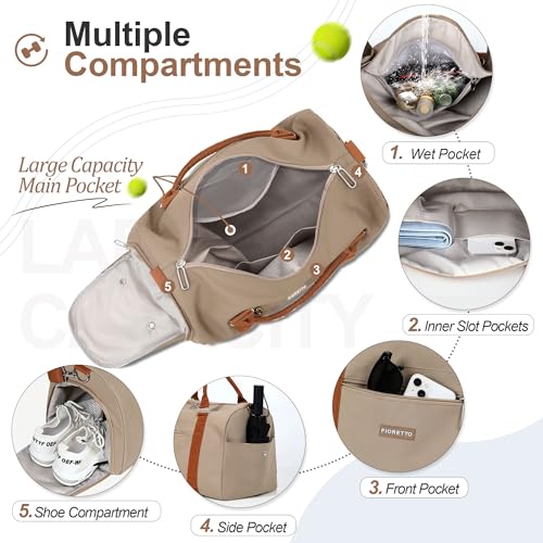 FIORETTO Womens Gym Tote Duffle Weekender Bag with Wet Pocket & Shoe Compartment, Ideal for Travel, Swimming, Dance, Khaki - color: Khaki, style: Gym Bag