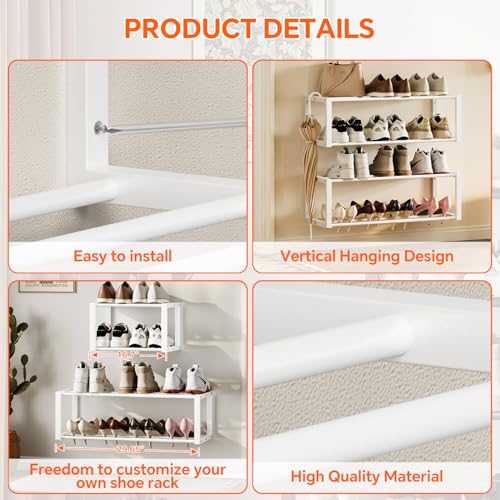 Homeiju Hanging Shoe Organizer,2 Pack Wall Mounted Shoe Rack Holds 12 Pairs,Space Saving Metal Wall Shoe Rack,Hanging Shoe Rack Shoe Holder for Small Space,Entryway,Closet,RV,Camper (White - color: White