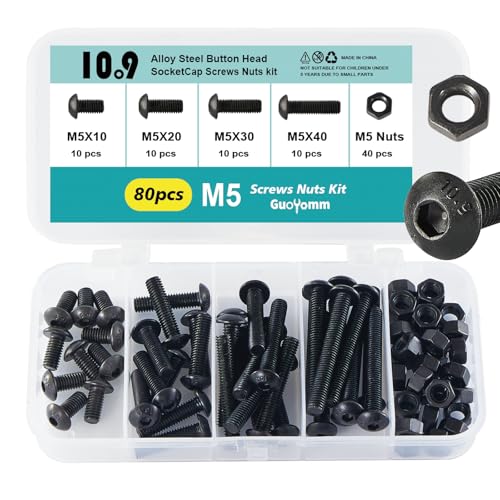M5 x 10mm 20mm 30mm 40mm Button Head Socket Cap Screws Bolts and Nuts, 10.9 Grade Alloy Steel, Black Oxide Finish, Metric Allen Hex Drive, Fully Thread, Assortment Kit 80PCS - size: Button M5x10-40mm+Nuts