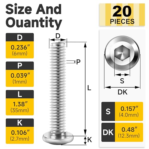 Mywish M6 x 35mm 20Pcs Flat Head Hex Socket Cap Screws Bolts, 304 Stainless Steel Furniture Bolts Full Thread, Bright Finish & Hex Spanner - color: Silver-M6, size: 35mm