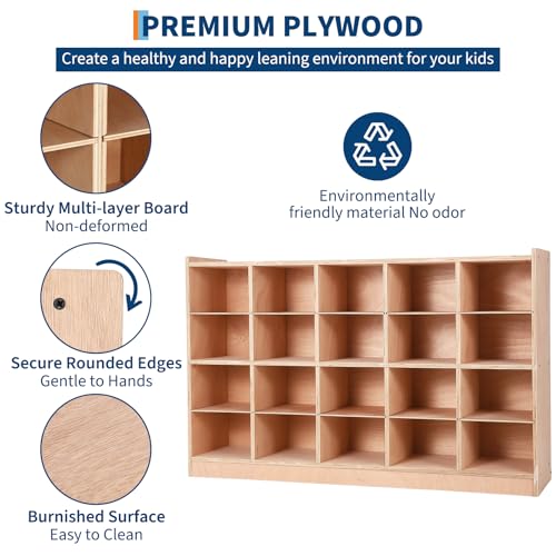 Garvee Mobile Storage Cabinet,Storage Block Cubby with 5 Anti-Flip Fittings, 4 Castors and 2 Boxes for Home, School, Kindergarten, Natural - size: 20 Cubbies