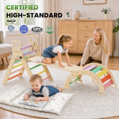 BlueWood Pikler Triangle Set with Cushion, Wooden Climbing Toys for Toddler | Foldable 8-in-1 Montessori Philosophy Toddler Climbing Toys Indoor with Reversible Ramp, Arch and Ladder - Sunshine Rainbow - color: Sunshine Rainbow