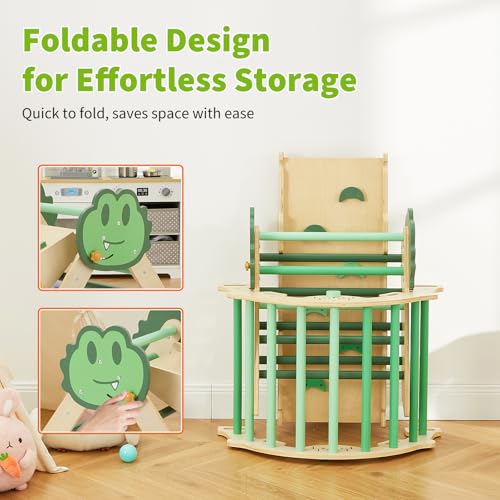 Takywep Pikler Triangle Set, 7-in-1 Foldable Pikler Triangle Climbing Toys Set with Arch & Ramp & Ladder, Indoor Playground Gym, Wooden Montessor Climbing Set for Kids Toddler - color: Green-frog