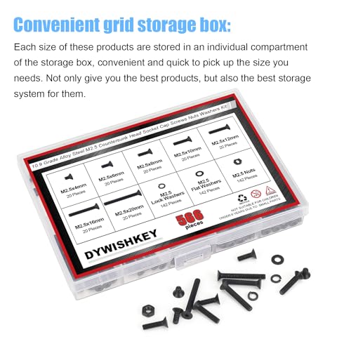 DYWISHKEY 566 Pieces M2.5 Black Screws, 10.9 Grade Alloy Steel M2.5X 4/6 /8/10 /12/16 /20mm Countersunk Head Socket Cap Screws Bolts Nuts Washers Assortment Kit - size: M2.5, style: Countersunk Head Socket Cap