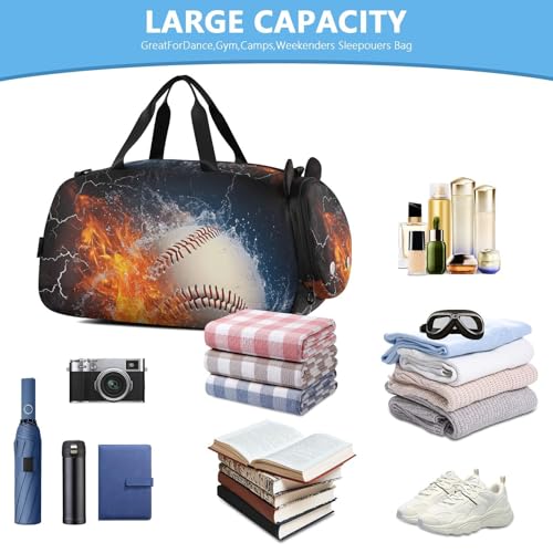Kids Sports Duffel Bag for Boys & Girls - Fire Ice Baseball 100% Polyester Gym Bag with Separate Shoe Compartment, Adjustable Shoulder Strap, Compact Travel & Workout Gear Bag - color: Fire Ice Baseball