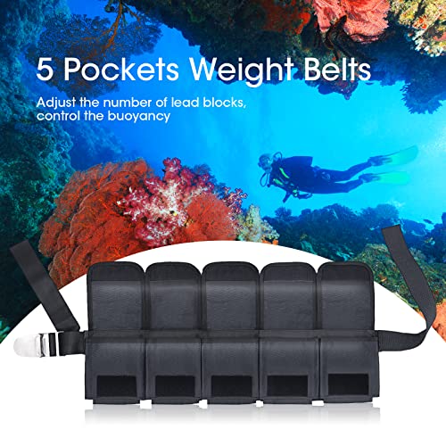 Scuba Weight Belt with 5 Pockets, Quick-Release Buckle Diving Pocket Weight Belt Adjustable Snorkeling Webbing Weight Pouch Belt fit for Waist 32" to 52" Black (Not Including Weights)