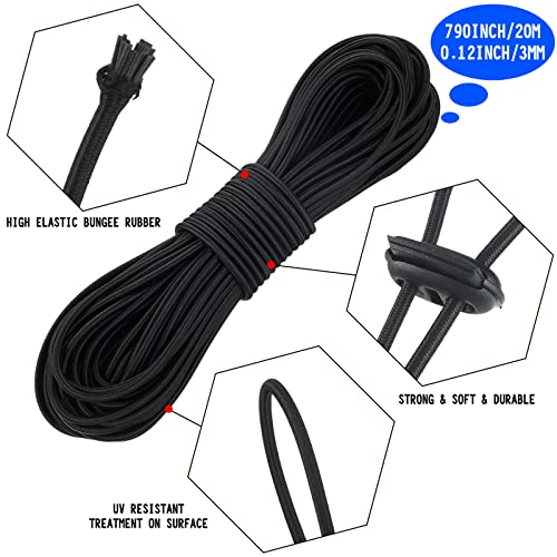 Patelai 50 Pieces Cord Locks Spring Toggles Stoppers Plastic Single Hole End Stopper Slider and 1/8 Inch 66 Feet Elastic Bungee Cord for Drawstring Shoelaces Clothing Bags(Black, Simple Style) - size: Black, style: Simple Style
