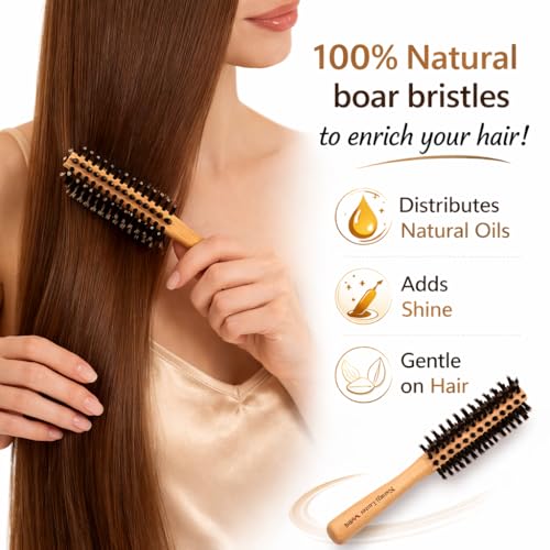 Boar Bristle Hair Brush [ Made in Japan ] 100% Natural Bristle Slick Back Brush for Styling, Separating, Shaping, and Blow-Drying for Women and Men (Round Brush) - color: Round Brush