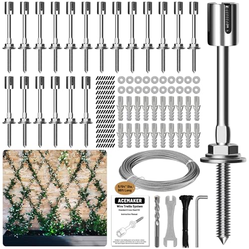 Wire Trellis Kit, 20-Set 5/64” (2mm) Crosshead Kit with 98ft Cable | T316 Marine Grade Stainless Steel, Wall-Mounted Cable Trellis for Climbing Plants Outdoor, Garden Fence Espalier System - size: 20 Sets