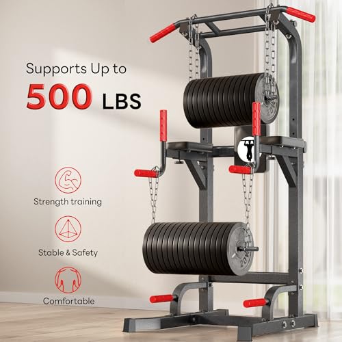 SogesPower Power Tower Pull Up Bar Station Multi-Function Dip Station | Adjustable Height Pull Up Dip Station Dip Bar Strength Training Fitness Equipment,Up to 500LBS - color: Black
